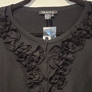 Tracy M Ruffled Black Cardigan M NWT